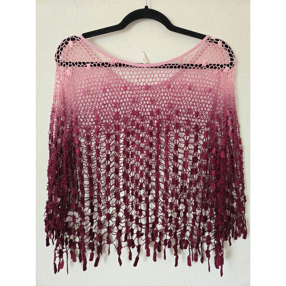 Free People Pink Ombre Mesh Fringe Top Medium Boho Festival Fairy Sheer Romantic - Picture 5 of 12
